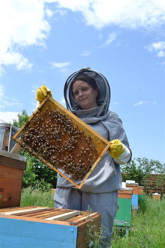 Власниця пасіки Альона Добринська тримає соти з бджолами